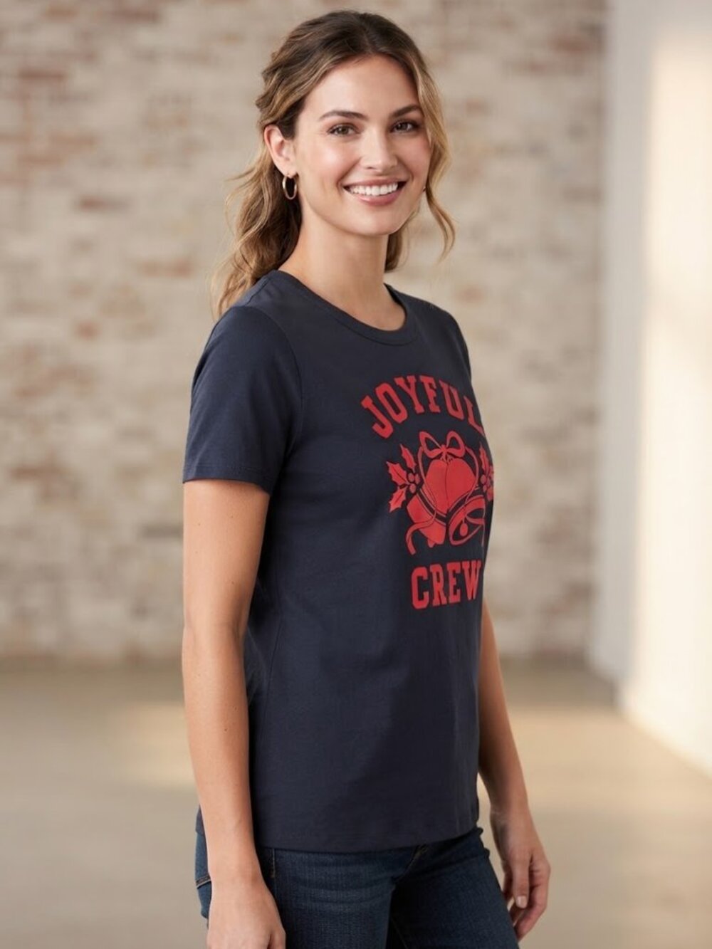 Old Navy Joyful Crew Navy Blue with Red Print Women's Shirt - Size Large